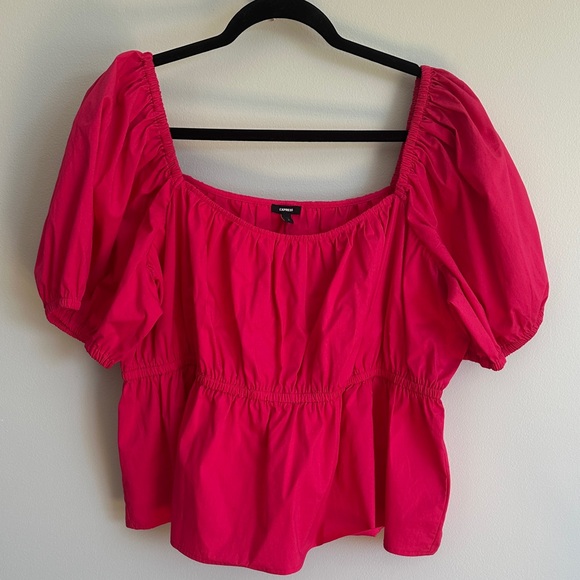 Express Tops - Express Bright Pink Puff Sleeve Peplum Blouse